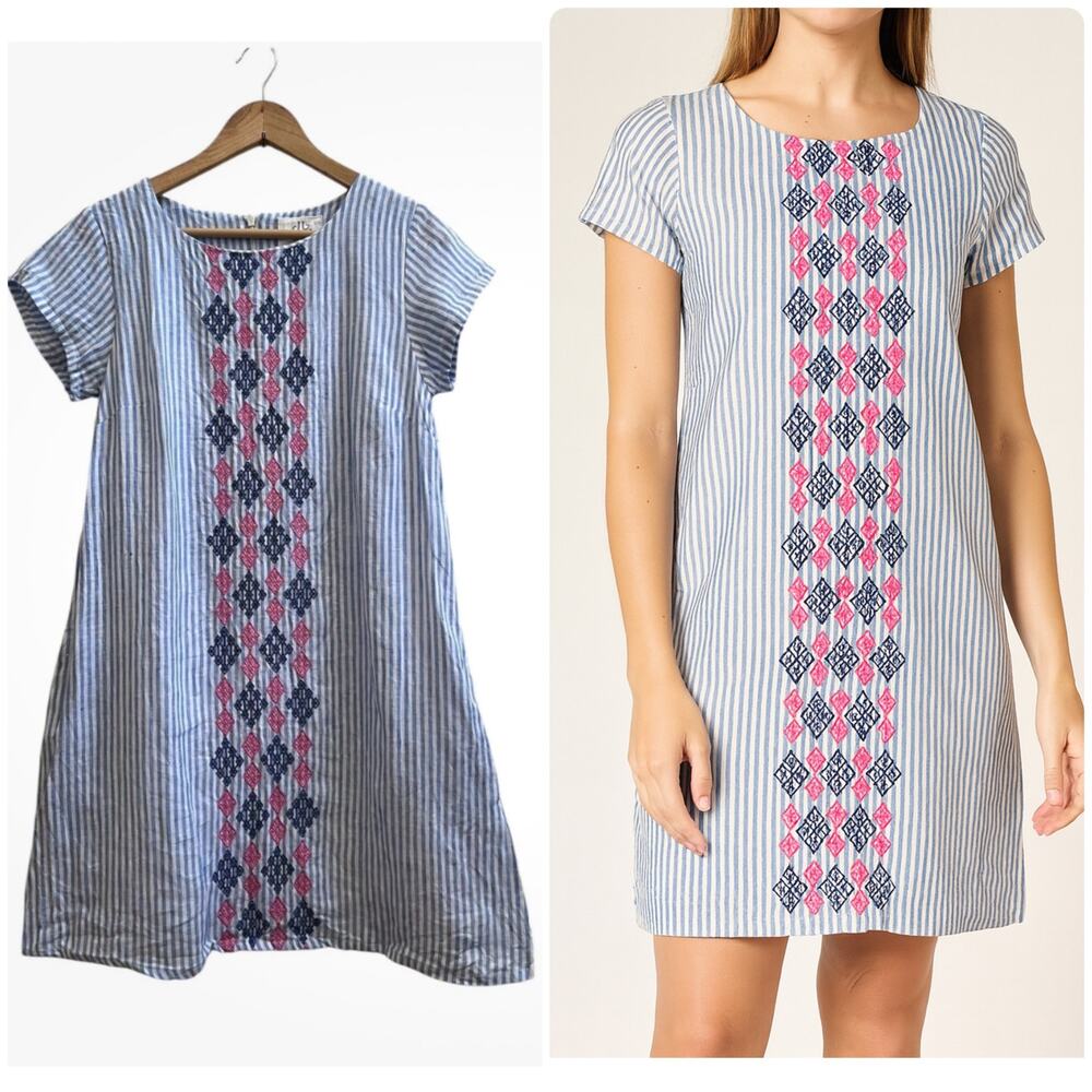 Pomegranate Blue White Striped Linen Fully Lined Pocket Dress Size Small Resort